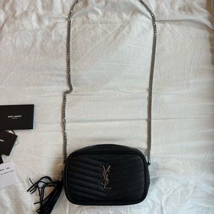 YSL Lou Mini Camera Bag in Grained Quilted leather with Tassel/Silver Hardware